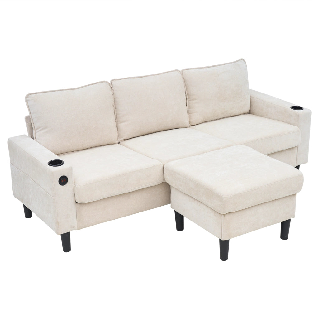 Divano letto imbottito 3 posti - Zephmum- USB e Type-C, porta bevande, forma L, beige
