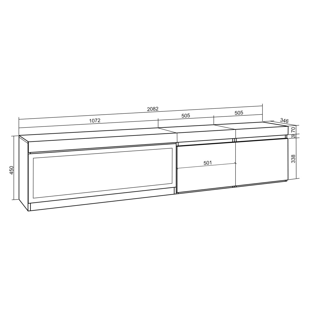 Mobile TV Soggiorno, 208x35x45cm, Per TV fino a 80", Camino elettrico XXL, da appendere, colore Rovere e nero RF3270