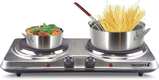 Piastra elettrica per cucina - Doppia fiamma - Cucina in loco - 5 livelli di temperatura - 2 piastre - Argento