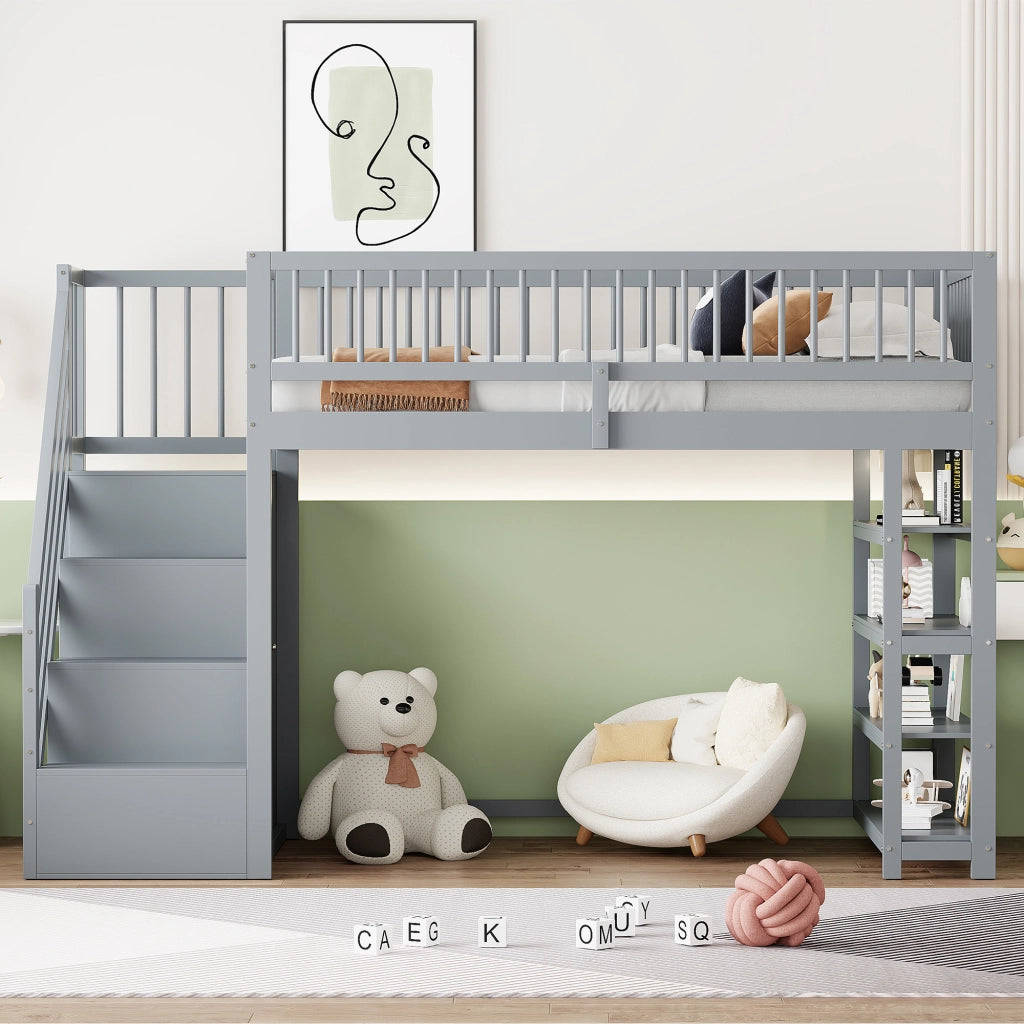 Letto a soppalco 90 × 200 cm con armadio ripiani e vani contenitore scala e barriera alta in legno grigio