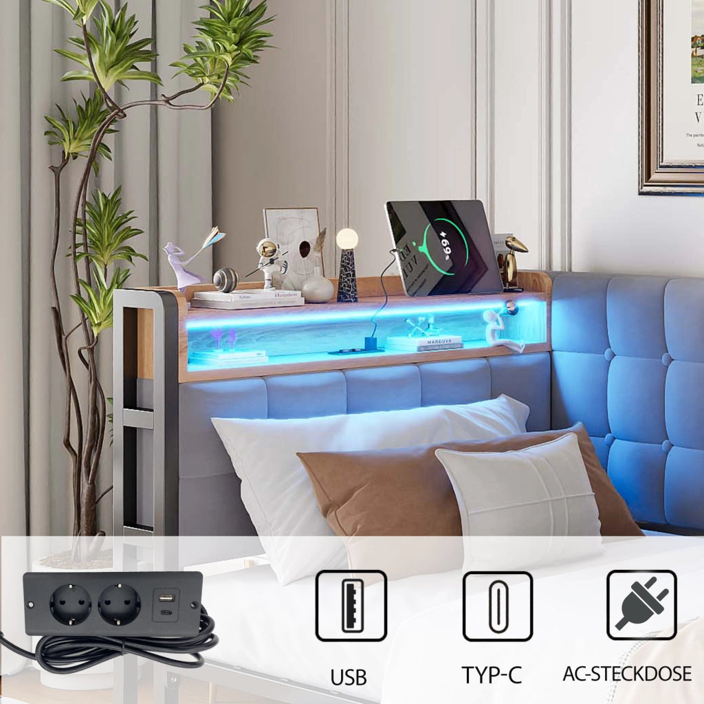 LETTO Contenitore 90x200 cm Grigio in tessuto con 2 cassetti, LED e USB-C
