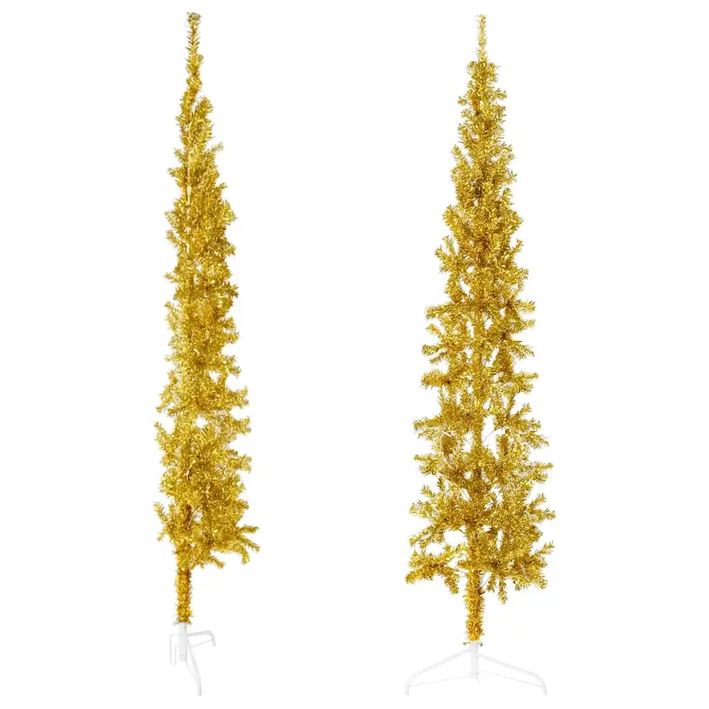 Albero Natale Artificiale Sottile a Met¨¤-Albero Natalizio con Supporto Oro 210cm