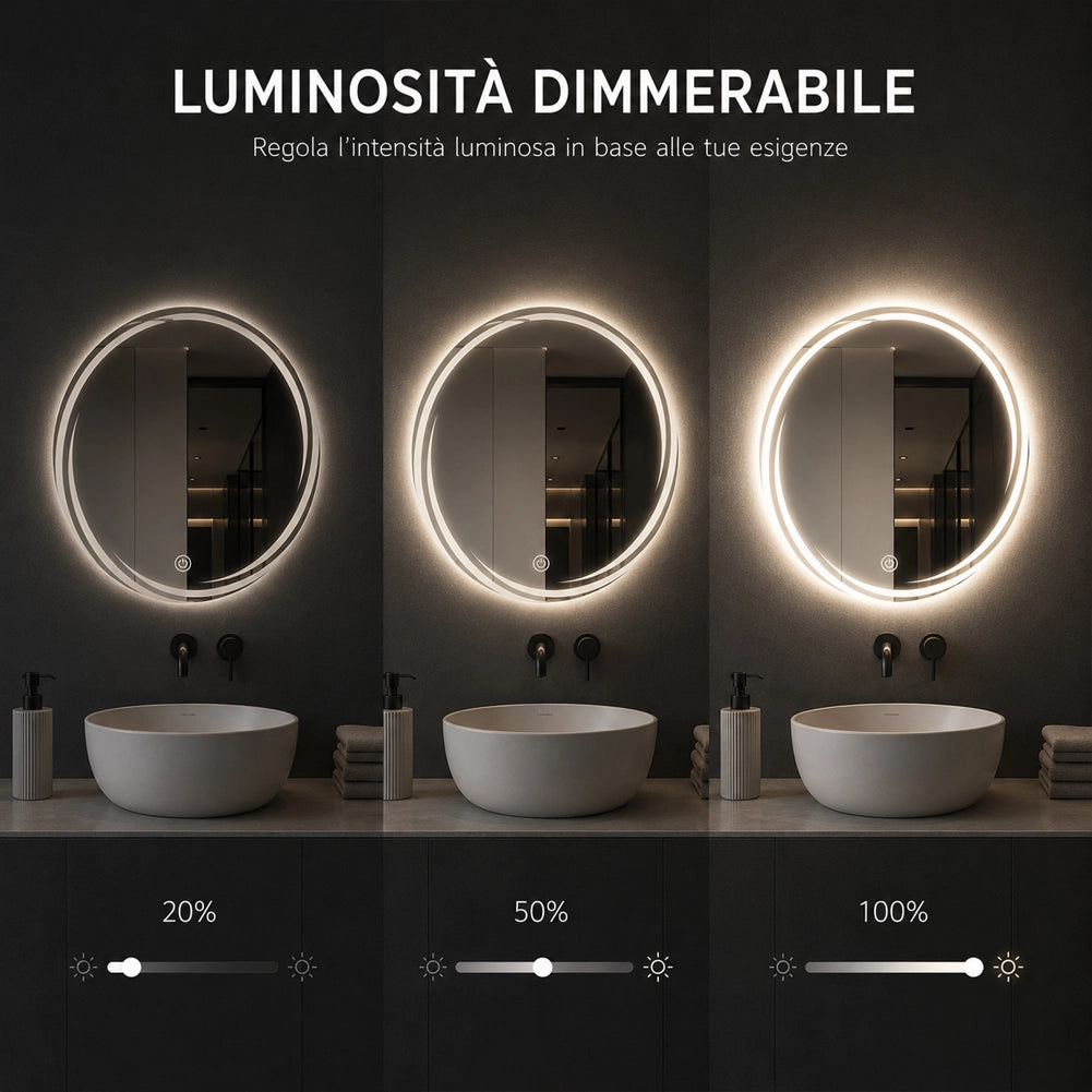Specchio Rotondo Ø60cm con Spirale LED a 3 Colori Dimmerabile Accensione Touch