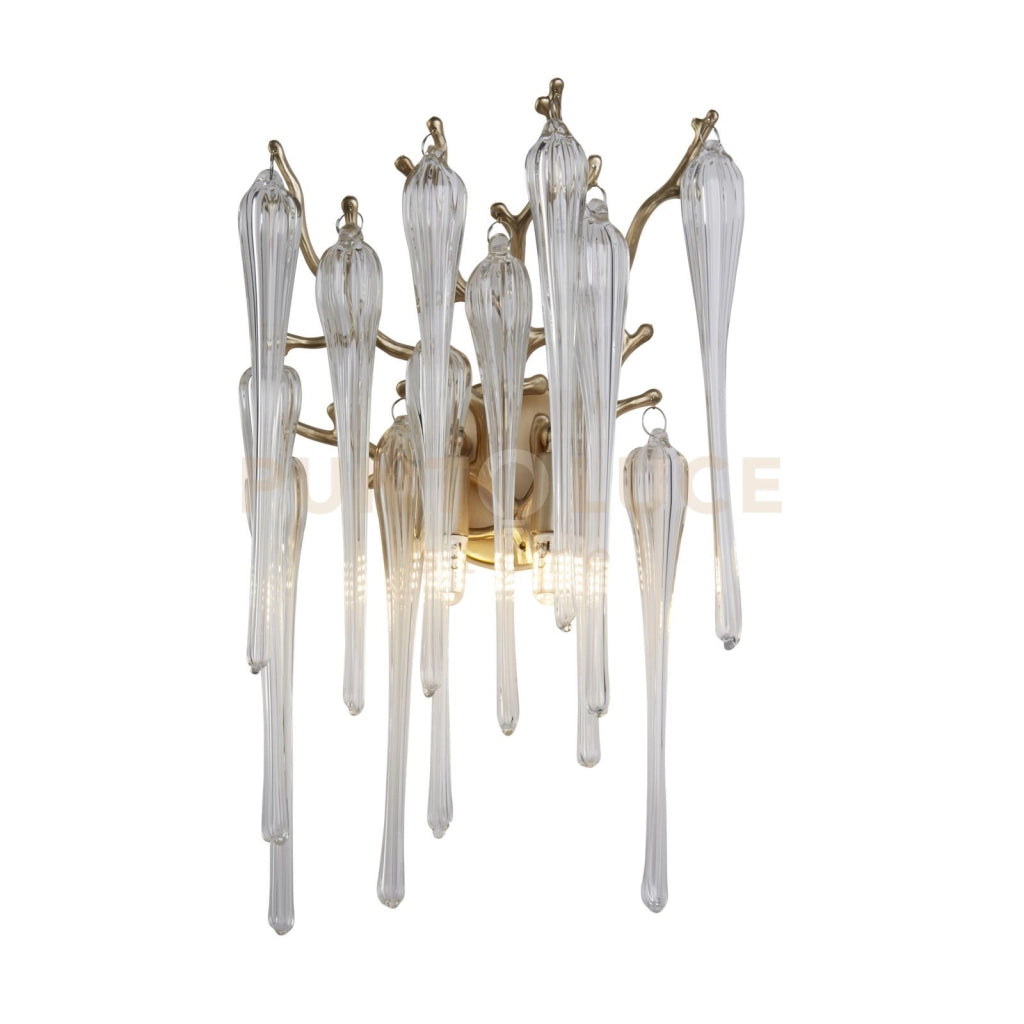 Applique Heritage 2Lt, metallo dorato e gocce di vetro trasparente