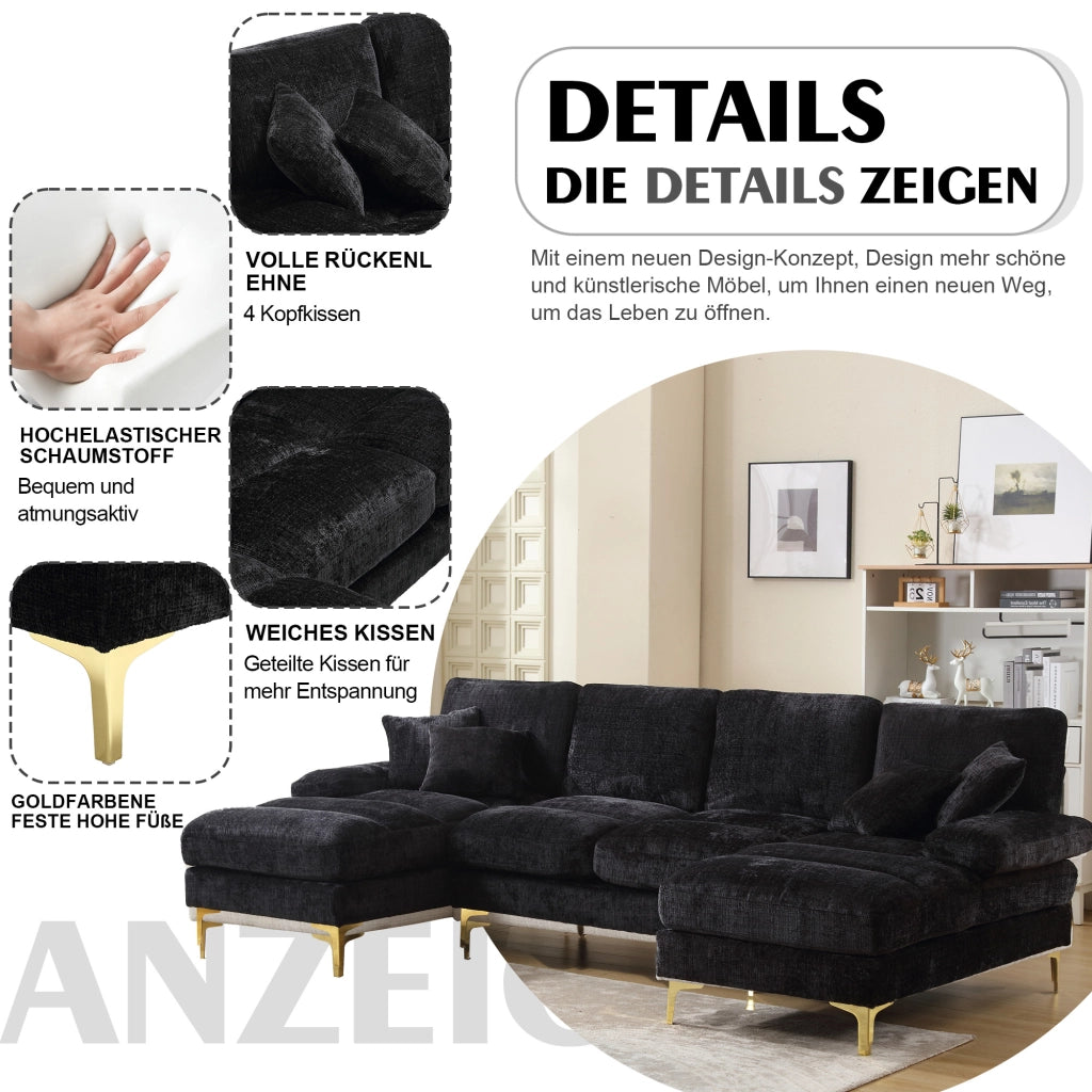 DIVANO SEZIONALE U 272x136x88 cm Chenille Nero