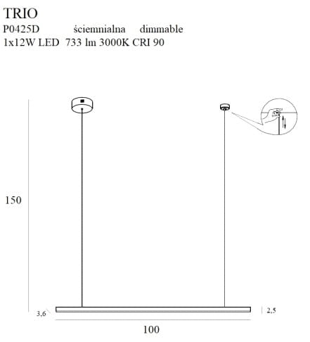 Lampada a sospensione LED Trio oro Maxlight 12W 100cm
