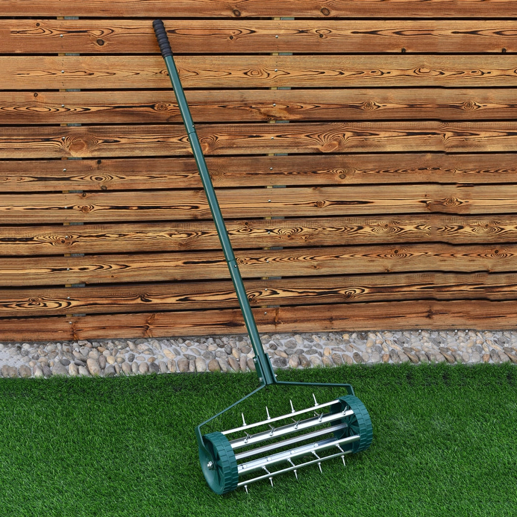 Rastrello aeratore da giardino in acciaio e plastica, Arieggiatore da prato con ruote e manico 45x21x126cm