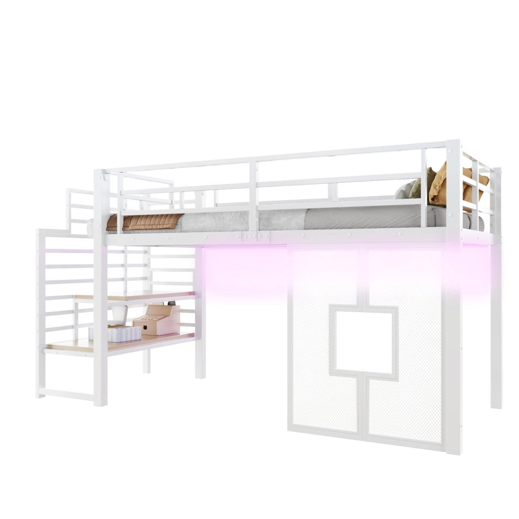 Letto a soppalco in metallo 90x200 cm con scala contenitore, LED e finestre, bianco