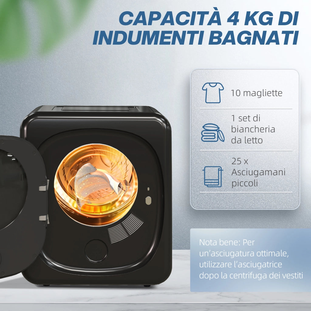 Asciugatrice ad Aria Carico 4kg con Timer e Programma Smart, in Acciaio Inox e ABS, 48x40x56 cm, Nero