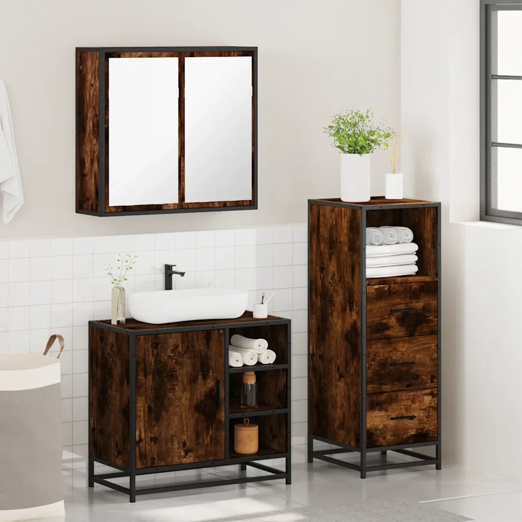 Set Mobili da Bagno 3 pz Rovere Fumo in Legno Multistrato 3301027