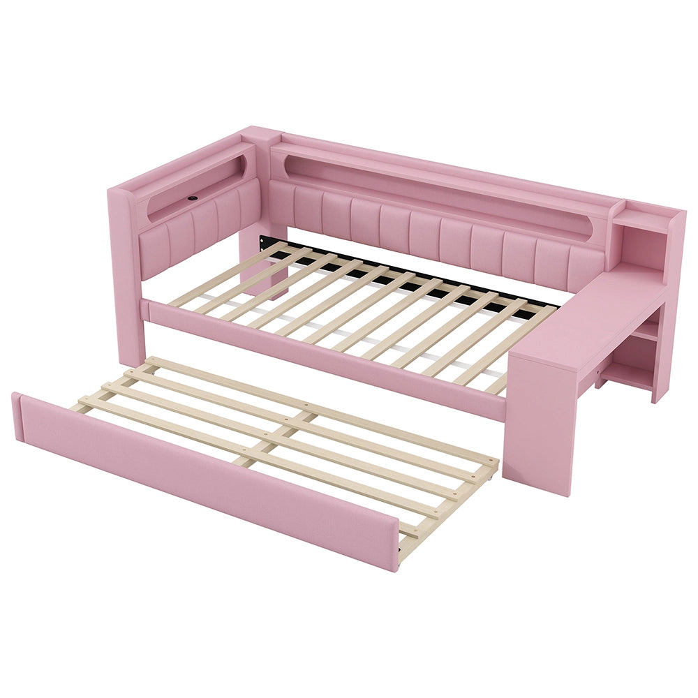 Letto a giorno-Xylo-90x200 cm-USB, LED, letto ribaltabile, scrivania, rosa