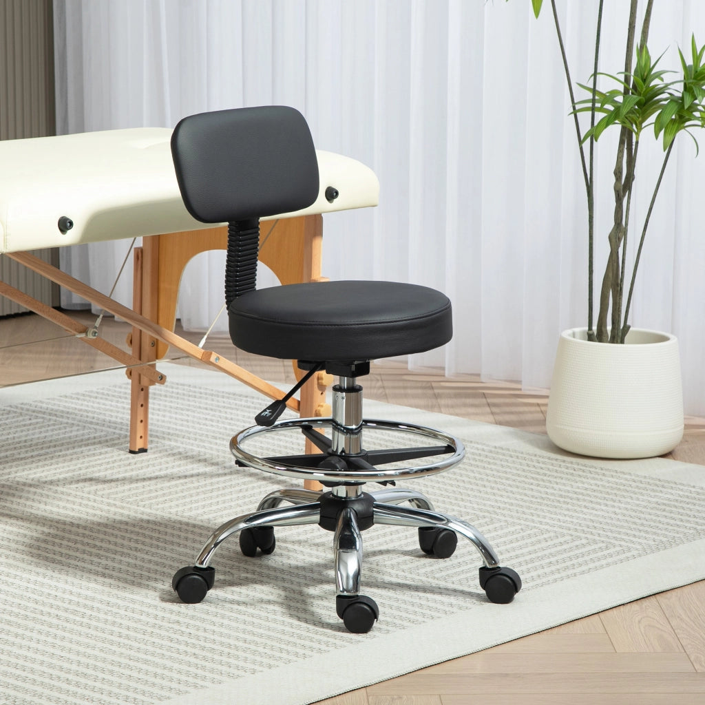 Sedia Girevole ad Altezza Regolabile con Poggiapiedi, in Acciaio, Finta Pelle e Gommapiuma, 52x52x78-92 cm, Nero