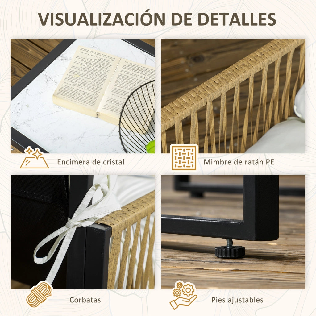 Set Giardino Esterno con 2 Poltrone, Divano 2 Posti, Tavolino e Cuscini ¨C Minimal ¨C Polyrattan, Crema