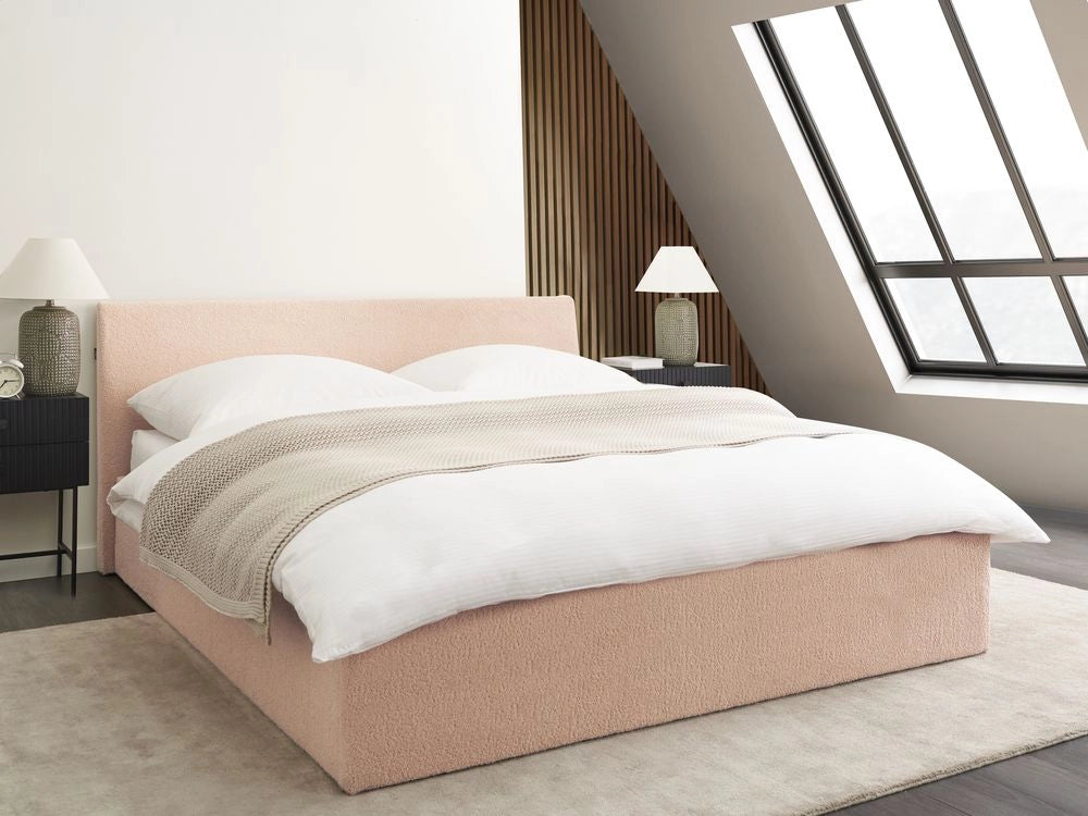 Letto imbottito in bouclé beige 160 x 200 cm con contenitore per testata elevabile