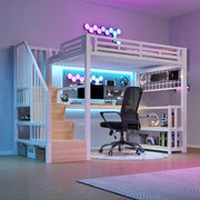 Letto a soppalco con scrivania e LED - Zephmum- 90x200 cm, Bianco, con USB e ripostiglio