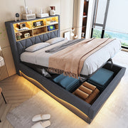 Letto-Xylo-140x200 cm-LED app, USB, metallo, lino grigio