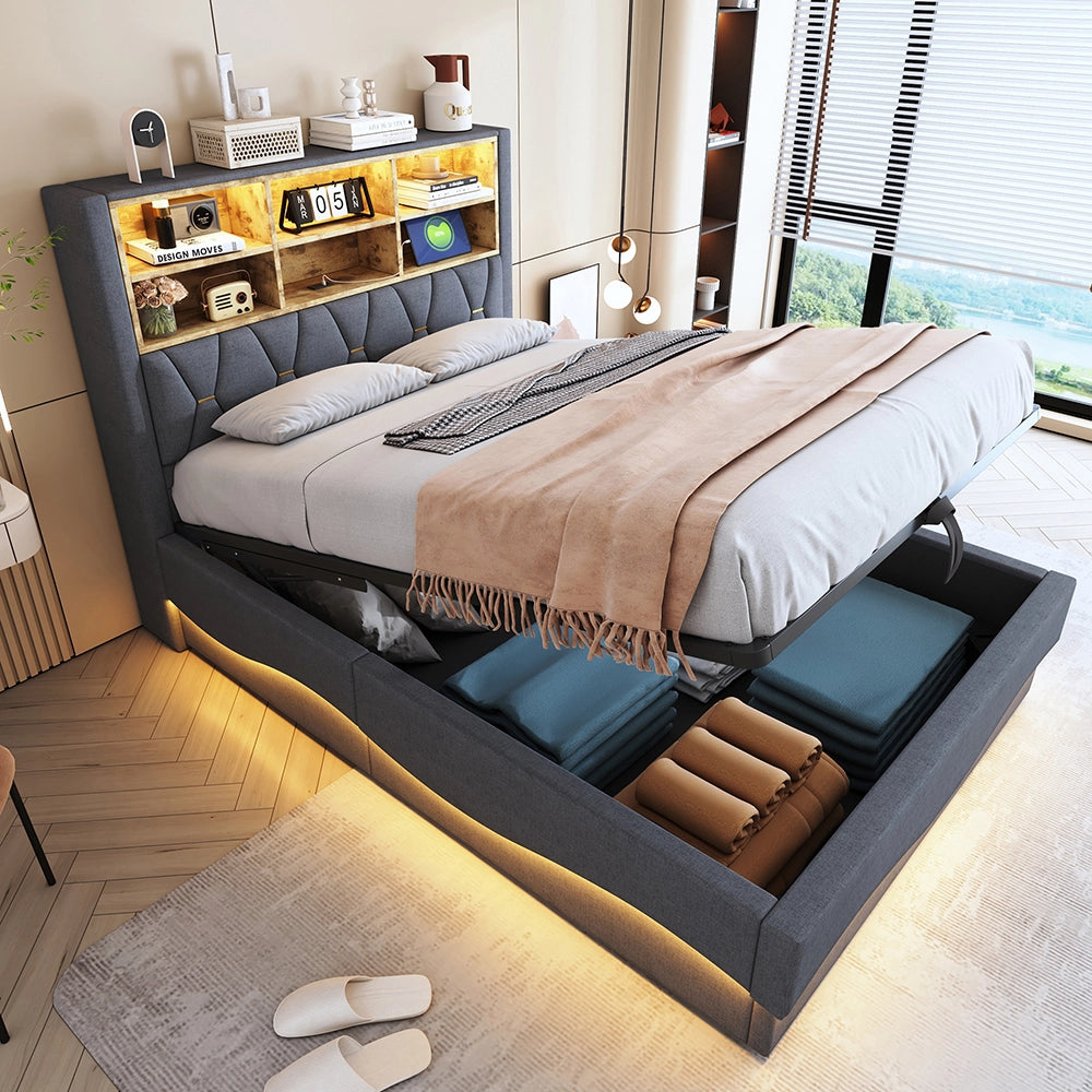 Letto-Xylo-140x200 cm-LED app, USB, metallo, lino grigio