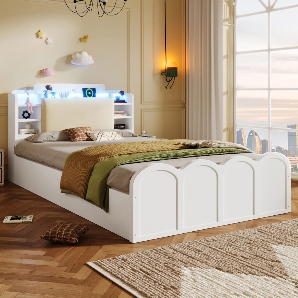 Letto Contenitore con LED e USB ¨C MINIMAL ¨C 90x200, Bianco, Idraulico