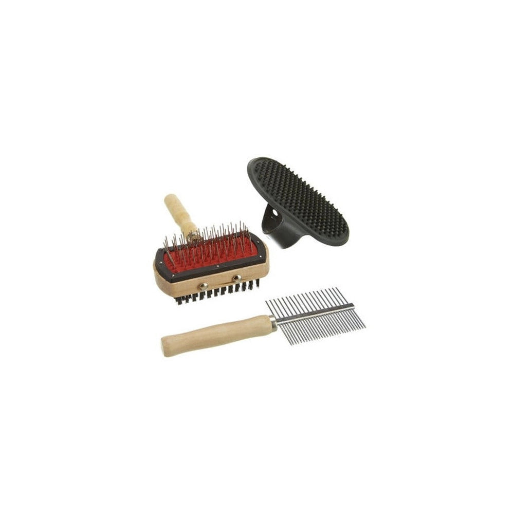 Trade Shop - Set 3 Pezzi Spazzole Per Cani In 3 Modelli Differenti Manico In Legno -