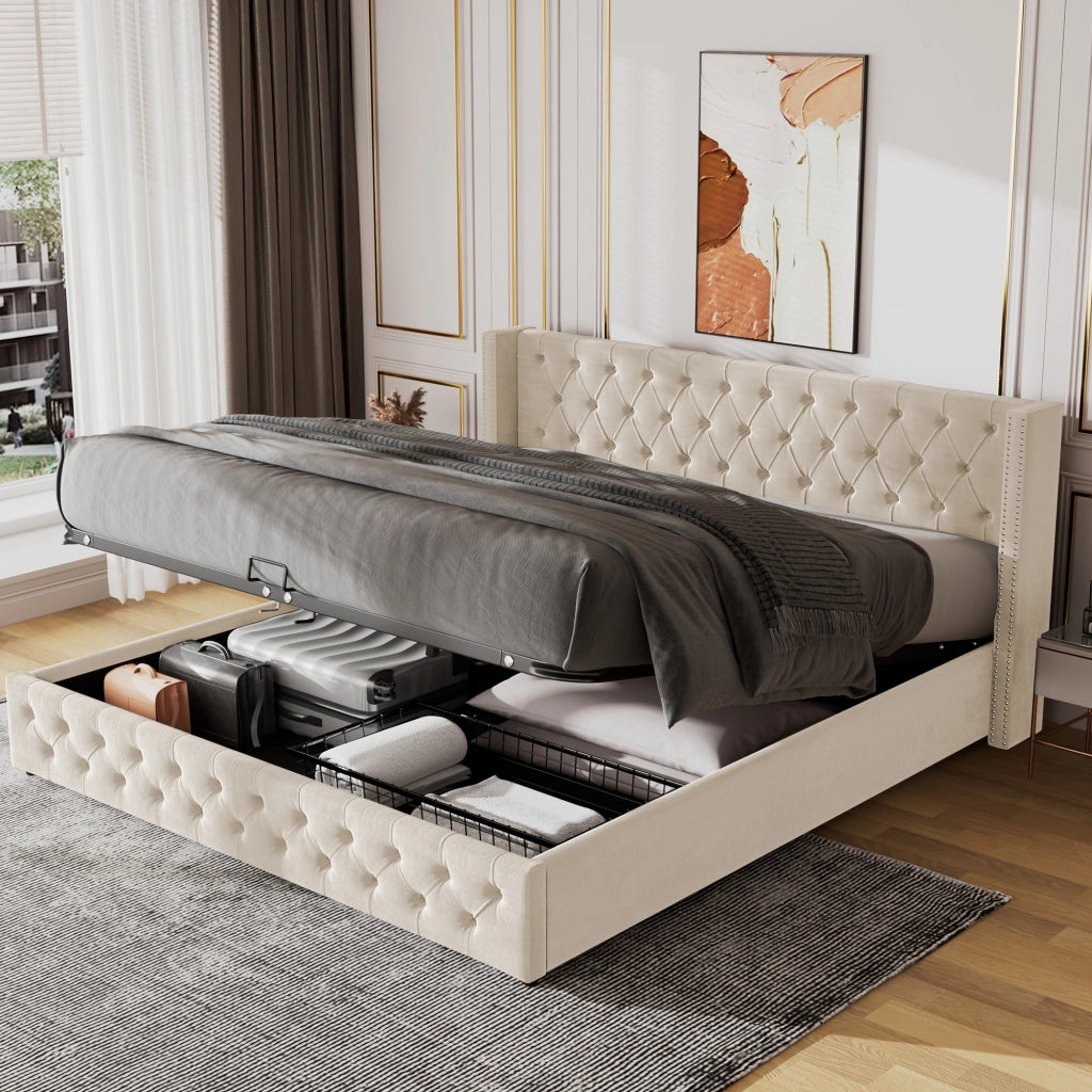 LETTO Imbottito Contenitore 160x200 cm Velluto Beige