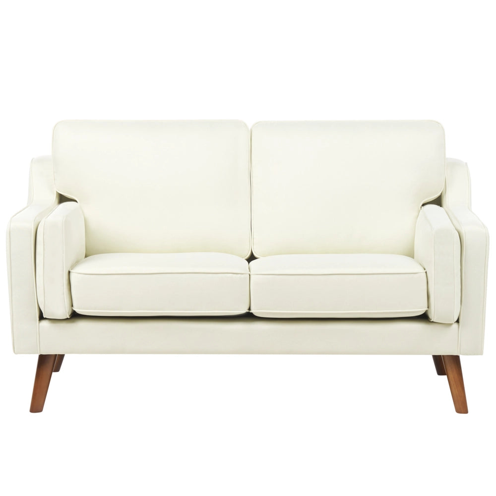 Divano moderno a 2 posti imbottito in tessuto bianco sporco e gambe in legno stile classico e moderno