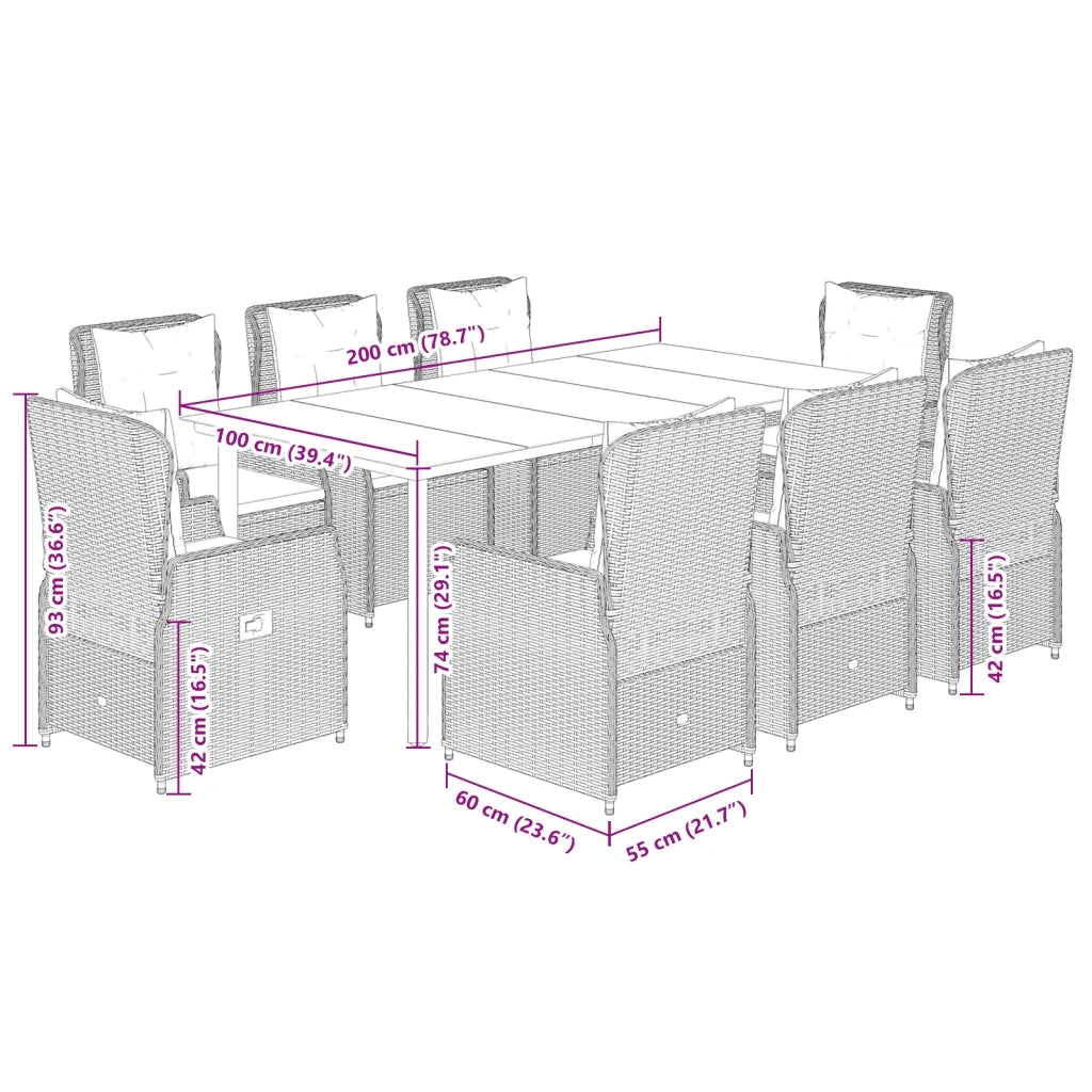 Set da Pranzo da Giardino 9 pz con Cuscini Beige in Polyrattan 3263012