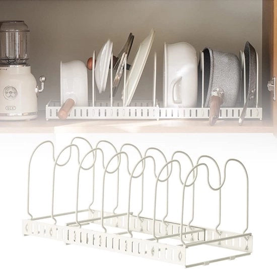 Supporto per pentola regolabile con 7 distributtori - ideale per utensili da cucina, pentole, pentolini e coperchi