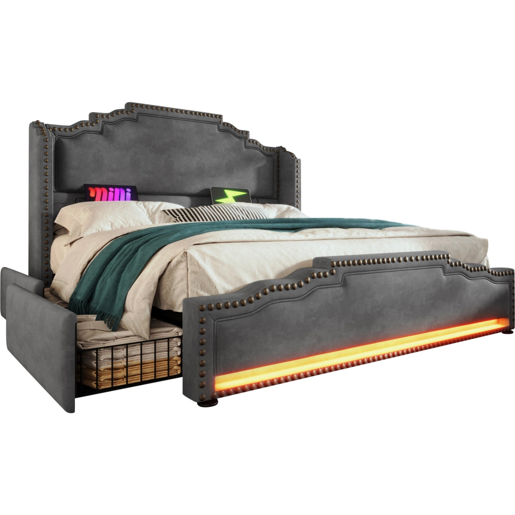 Letto imbottito 160x200 - Zephmum - 4 cassetti, LED, USB-C, velluto grigio