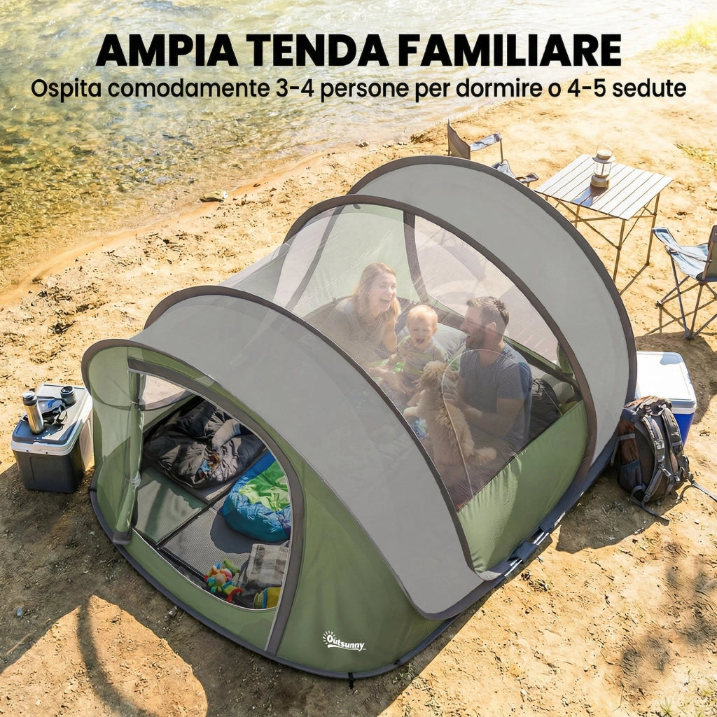 Tenda da Campeggio Pop-Up 4-5 Persone ¨C Minimal ¨C Verde, Impermeabile, 2 Porte, 2 Finestre