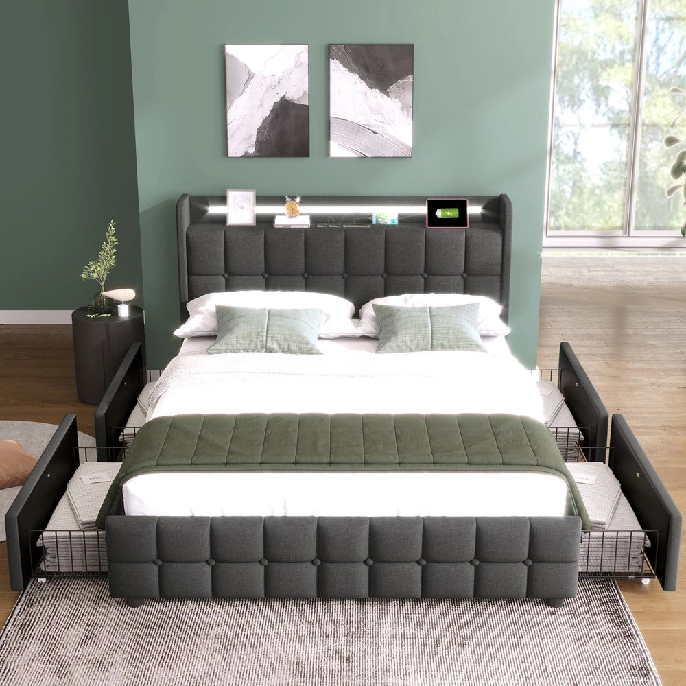 Letto Imbottito con LED, USB e Cassetti ¨C MINIMAL ¨C Grigio, 160x200