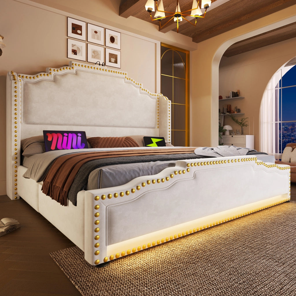 Letto imbottito 140x200 - Zephmum - 4 cassetti, LED, USB-C, velluto, beige