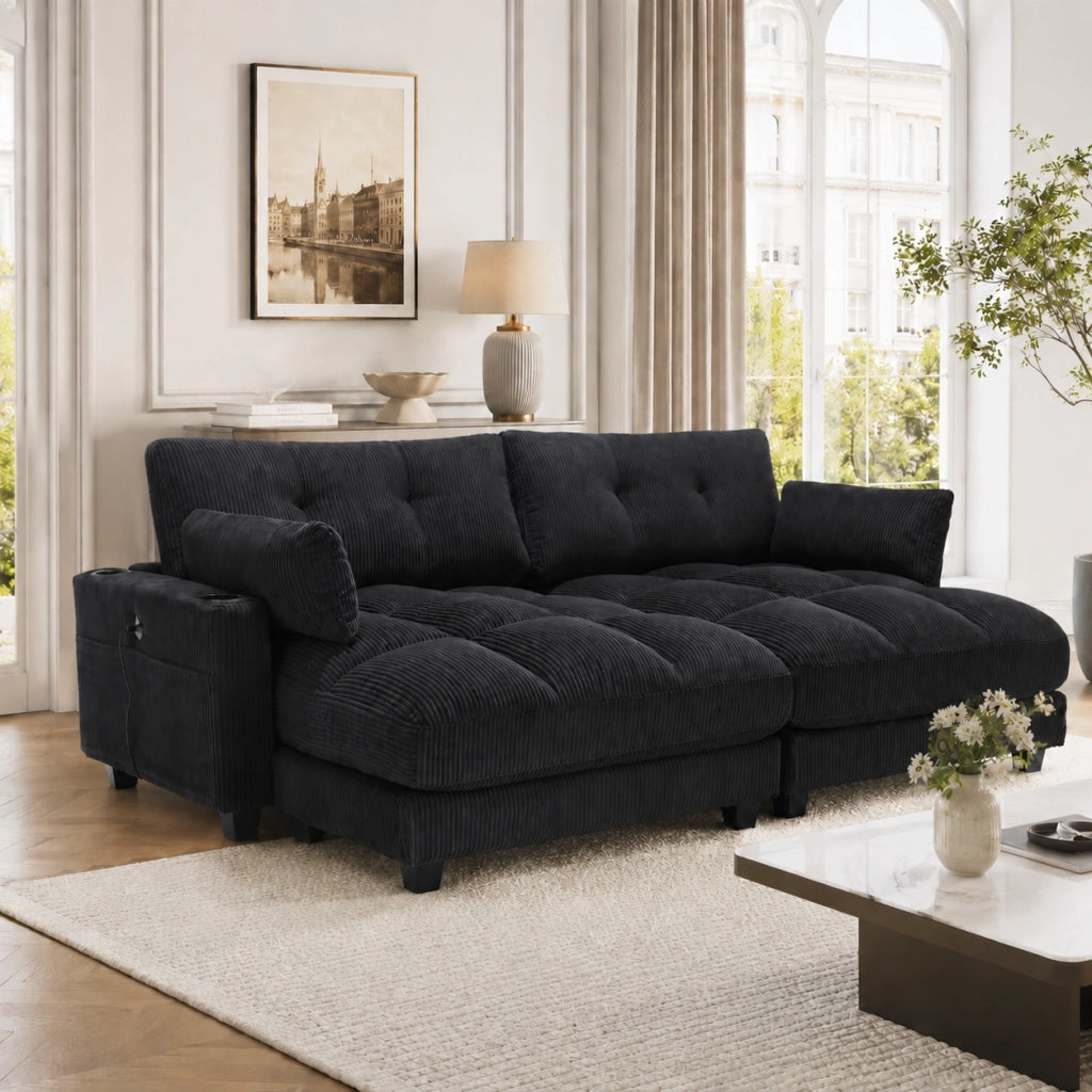DIVANO 2 posti modulare 224x140x81 cm in corduroy nero con USB e cuscini