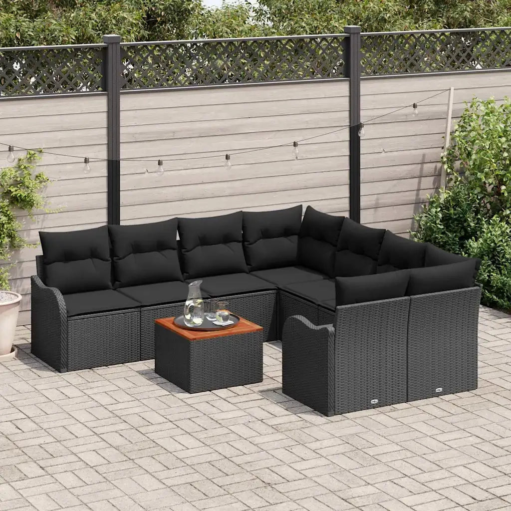 Set Divano da Giardino con cuscino 9 pcs Nero polyrattan