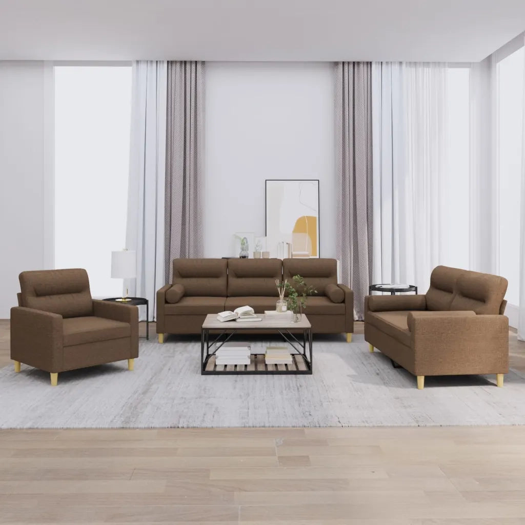 Set di Divani 3 pz con Cuscini Marrone in Tessuto