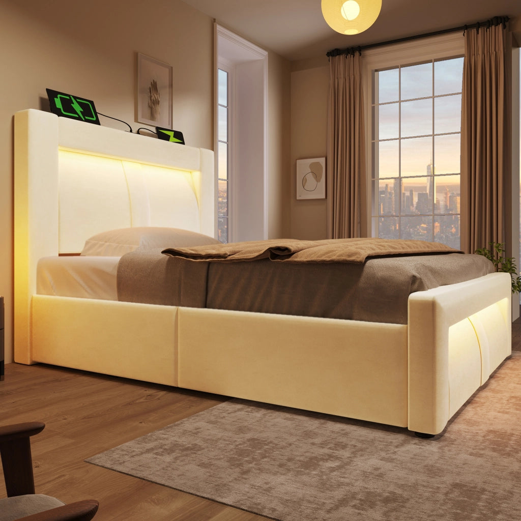 LETTO Singolo 90x200 cm in velluto beige con LED e porte USB/Type-C