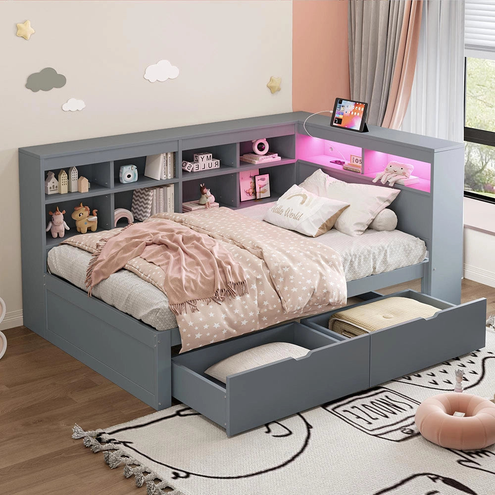 Divano letto legno 90x200cm - Xylo - grigio, USB/LED, ripiani, spazio