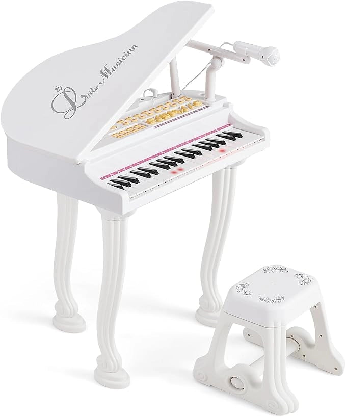 Pianoforte per Bambini a 37 Tasti, Set Pianoforte con Microfono Regolabile, con Funzione di Registrazione e Riproduzione, Giocattolo Tastiera Musicale per Bambini 3+ Anni (Bianco)