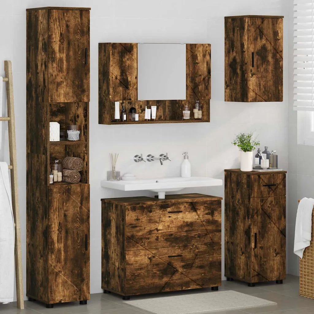 Set di mobili per il bagno con cassetto 5 pcs Rovere fumé 3393078
