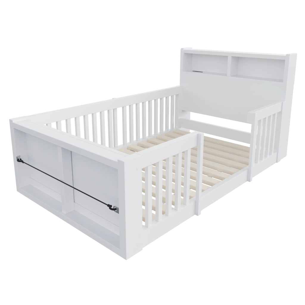 Letto multifunzione per bambini 90 x 190 cm con sponde alte, USB, luce notturna e vano contenitore, bianco
