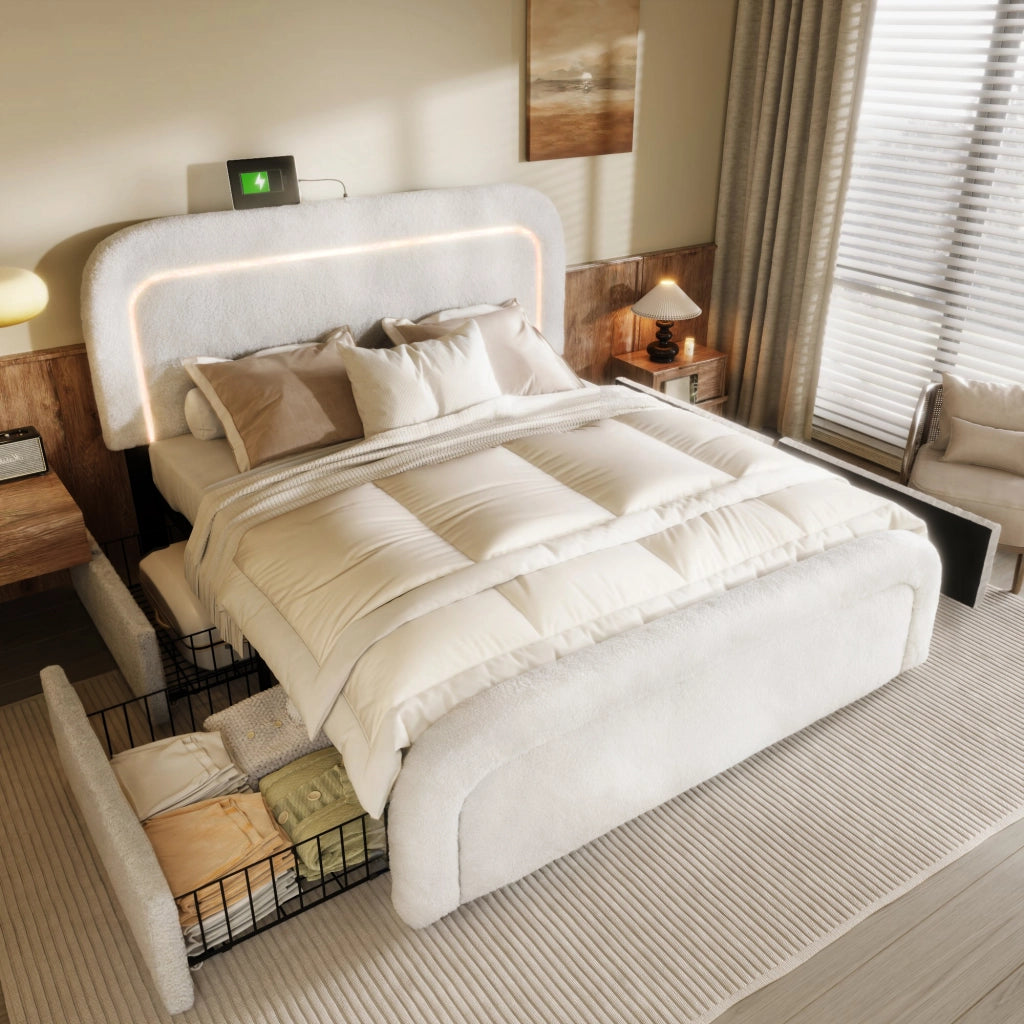 LETTO imbottito con USB Type-C, LED e 4 cassetti 140x200 cm Sherpa bianco