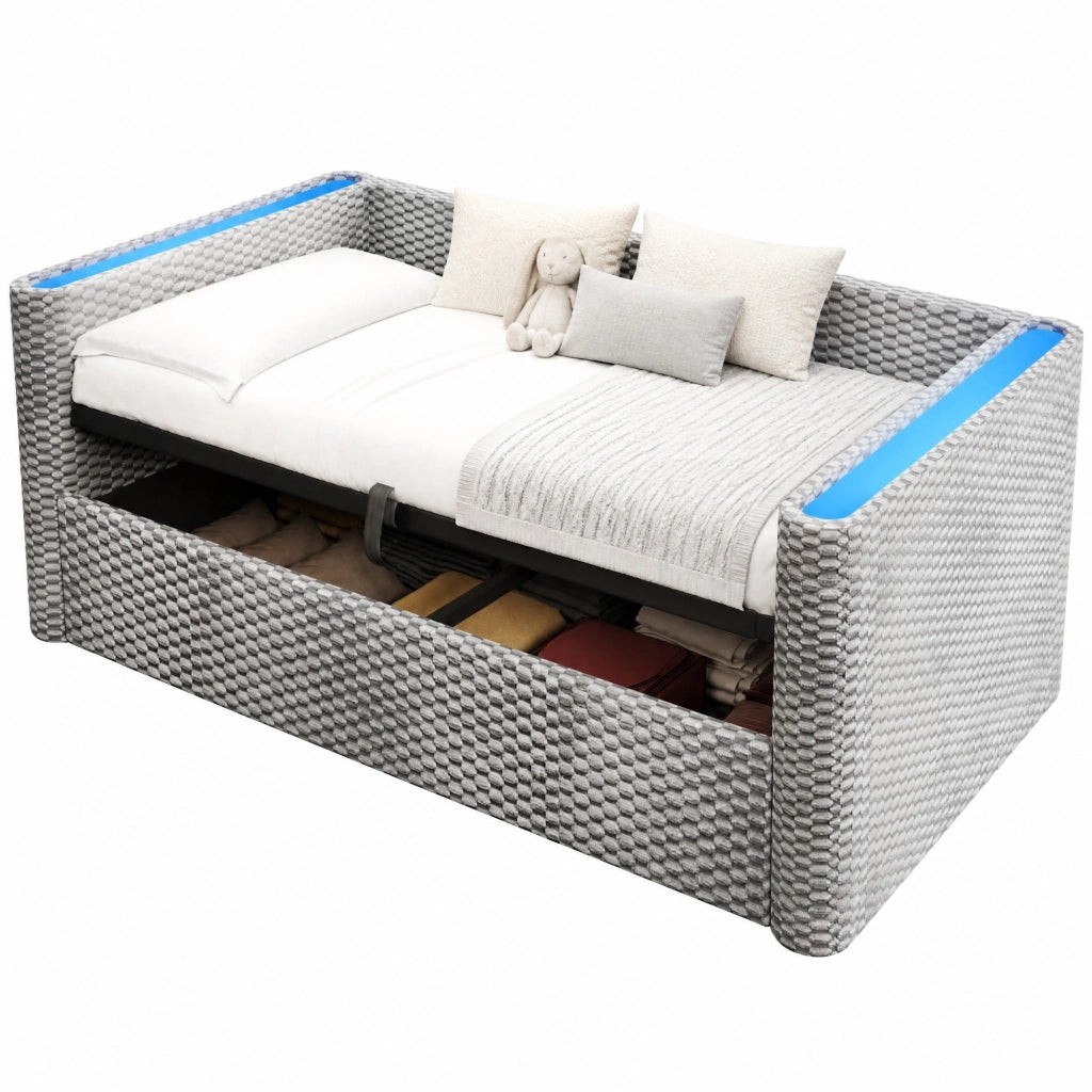 Divano letto 90x200 cm in velluto con contenitore idraulico e LED