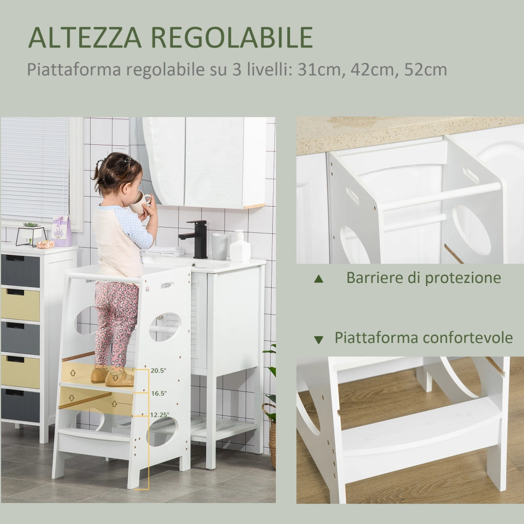 Torre Montessoriana con Altezza Regolabile a 3 Livelli, Torre di Apprendimento per Bambini in Legno, Scaletta per Bambini Bianco
