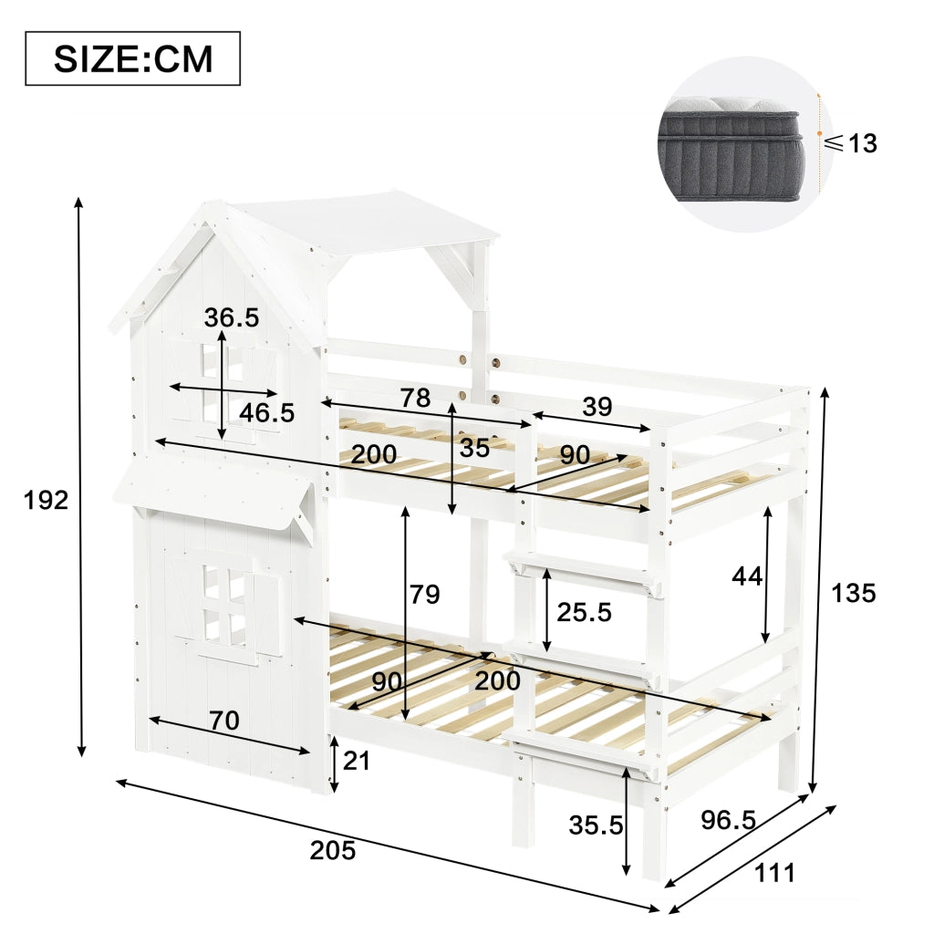 LETTO A CASTELLO per bambini 90x200 cm Bianco con finestre e tetto