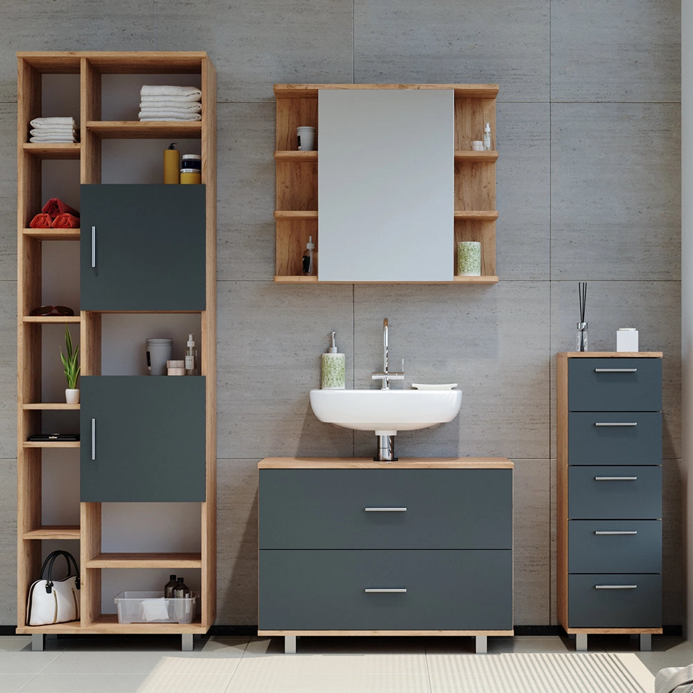 Vicco Set mobili bagno Antracite/quercia dorata 4 parti