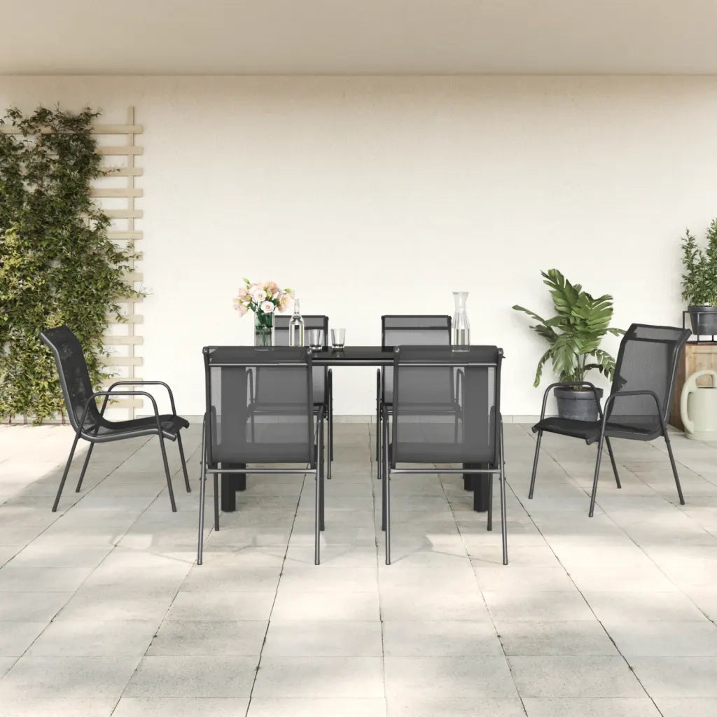 Set da Pranzo da Giardino 7 pz | Set Salotto da Giardino Nero in Acciaio e Textilene
