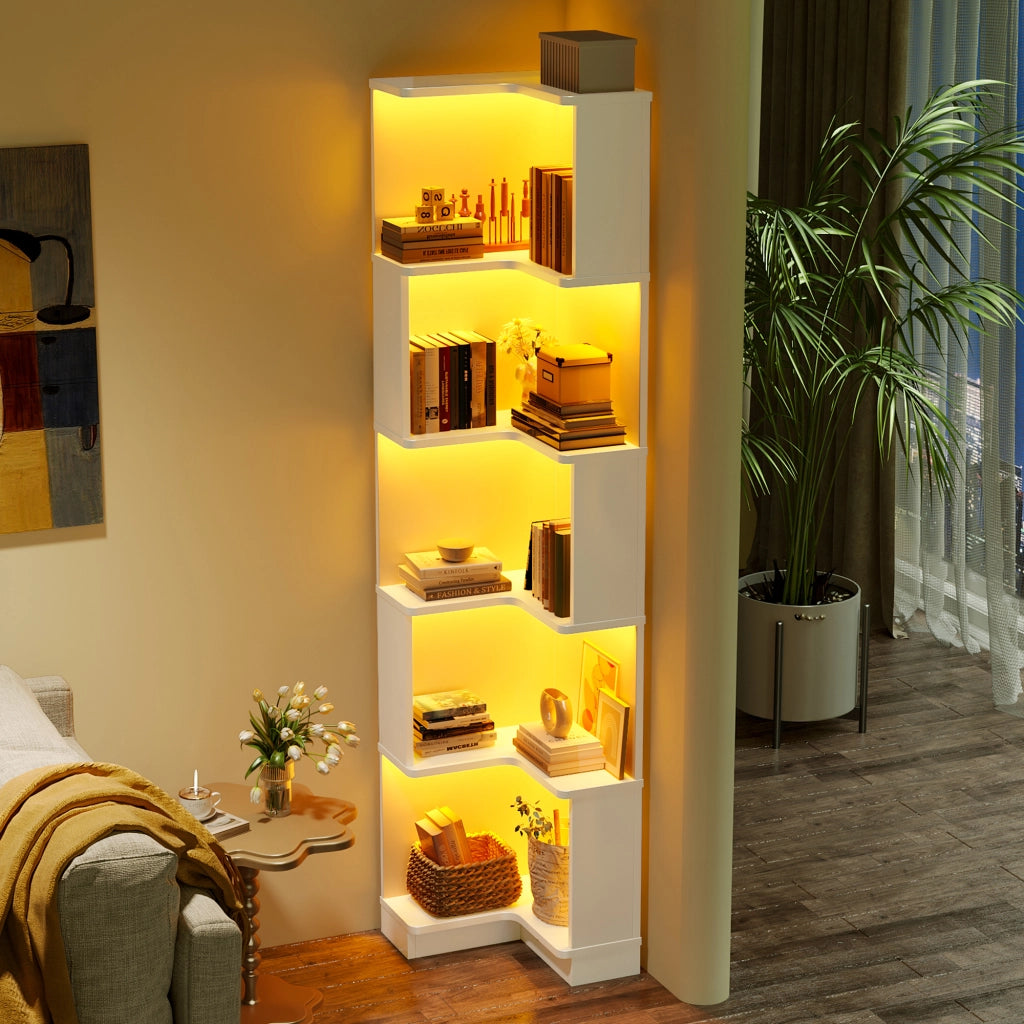 Libreria angolare con LED regolabili via app e 5 ripiani, per studio e ufficio, in MDF, bianco, 63,5 × 45 × 175 cm