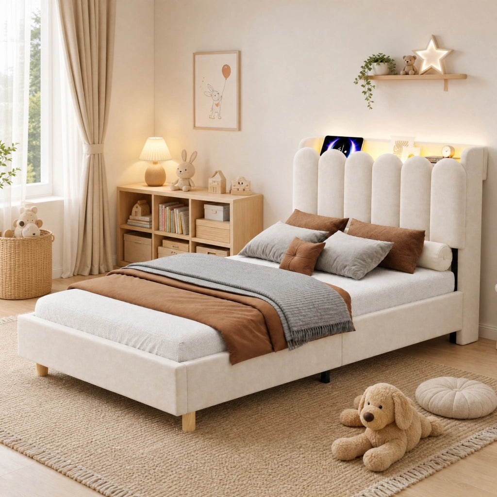 LETTO Singolo 90 x 200 cm in velluto beige con testiera e USB Type-C