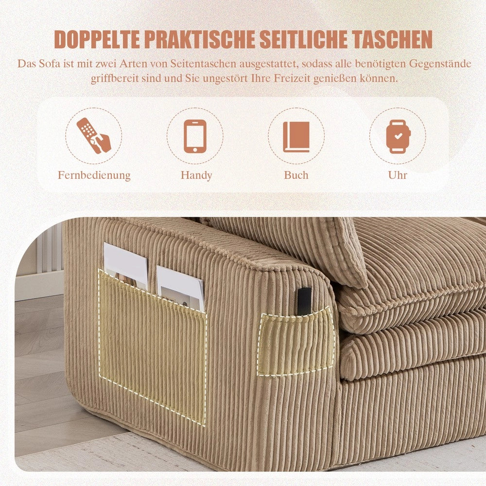 Divano modulare 4 posti con sgabelli - Zephmum- Tessuto cord, cuscini, tasche laterali