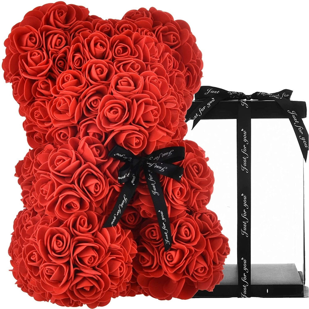 Trade Shop - Orsacchiotto Orsetto Orso Di Rose Con Fiori Artificiali Da 25cm San Valentino - Rosso