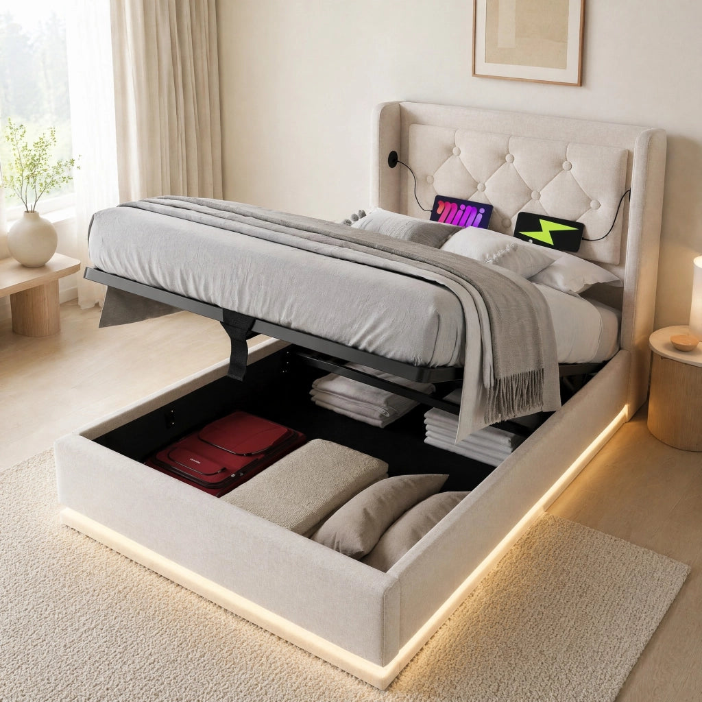 LETTO imbottito 90x200 cm beige in cotone con USB Tipo C, LED e contenitore